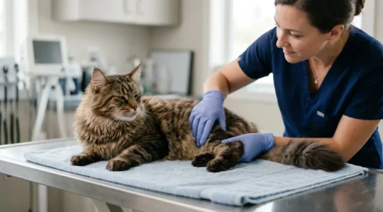 Examen vétérinaire de la hanche d'un grand chat sous sédation légère