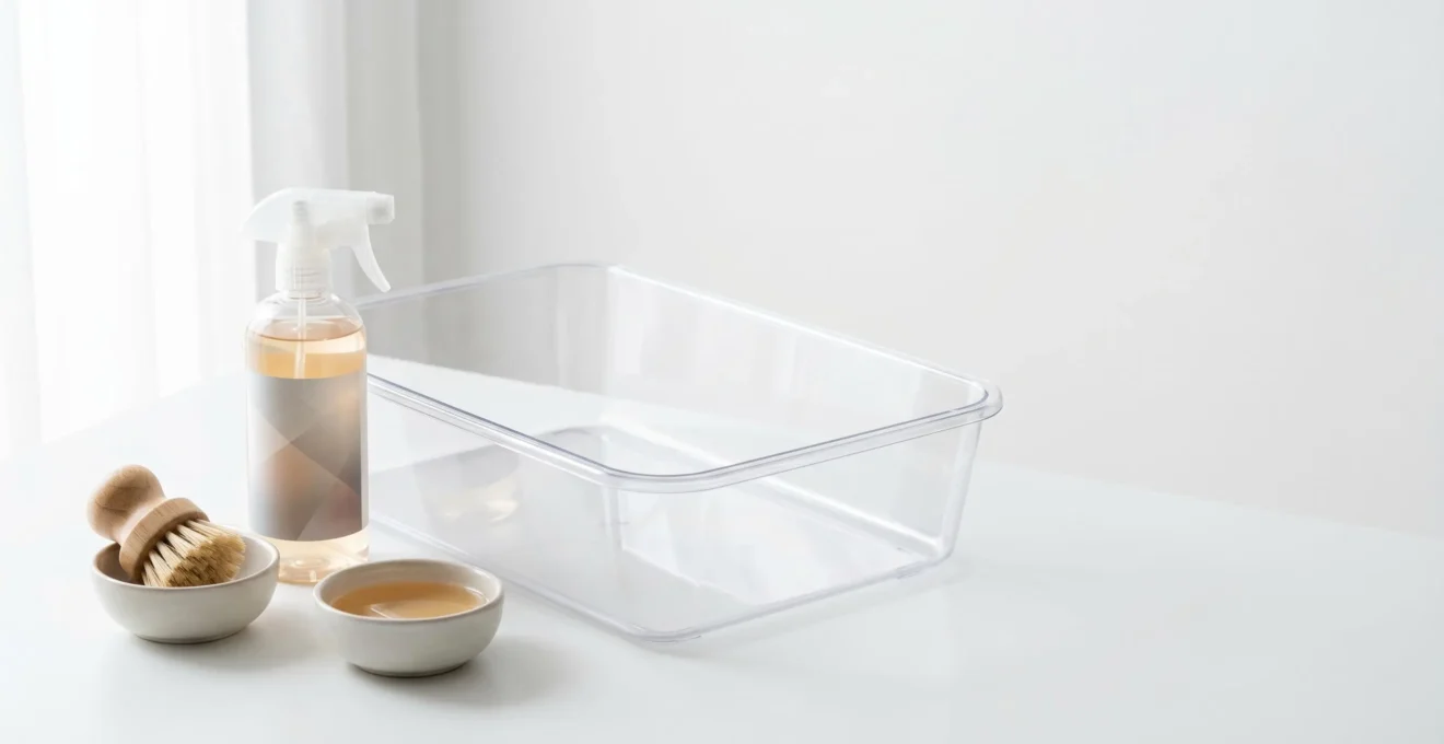 Gros plan sur un bac à litière en plastique transparent avec solution désinfectante naturelle et brosse de nettoyage, sur fond minimaliste blanc avec lumière douce