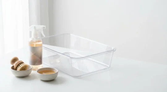 Gros plan sur un bac à litière en plastique transparent avec solution désinfectante naturelle et brosse de nettoyage, sur fond minimaliste blanc avec lumière douce