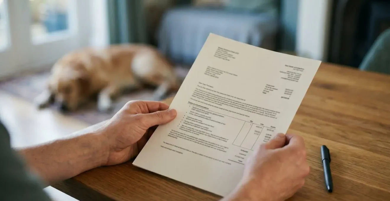 Propriétaire d'animal examinant une facture vétérinaire détaillée pour calculer le remboursement