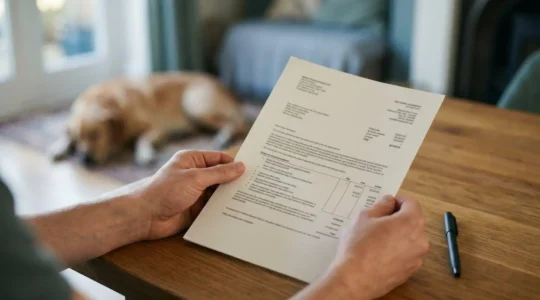 Propriétaire d'animal examinant une facture vétérinaire détaillée pour calculer le remboursement