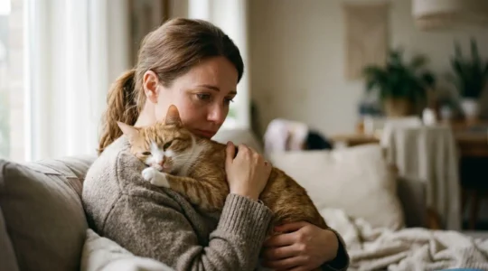 Propriétaire tenant son chat malade avec compassion dans une ambiance chaleureuse