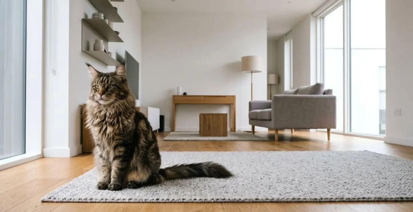 Maine Coon adulte majestueux de grande taille installé confortablement dans un intérieur d'appartement moderne et épuré