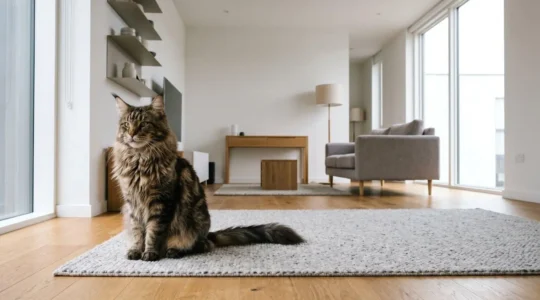 Maine Coon adulte majestueux de grande taille installé confortablement dans un intérieur d'appartement moderne et épuré