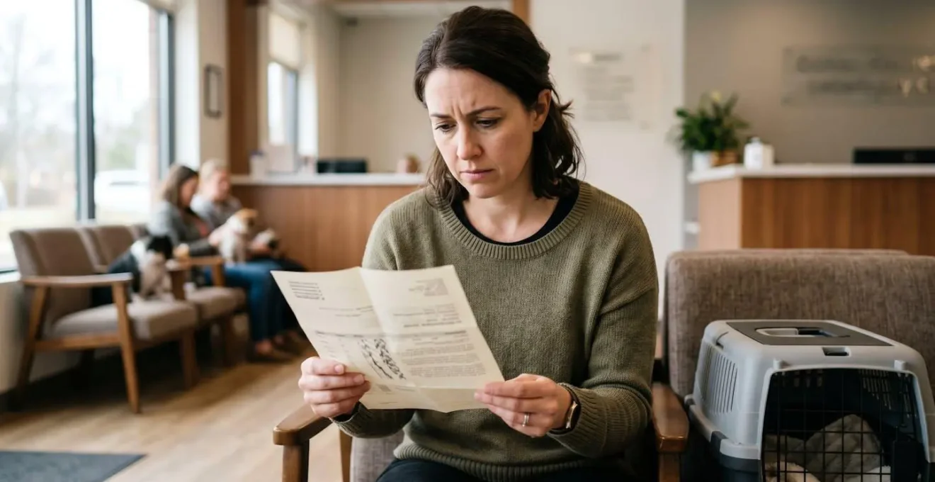 Propriétaire inquiet tenant un devis vétérinaire dans une clinique vétérinaire moderne