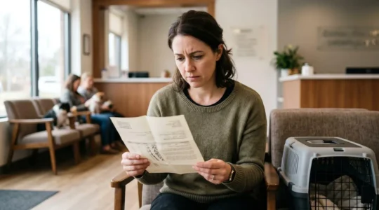 Propriétaire inquiet tenant un devis vétérinaire dans une clinique vétérinaire moderne