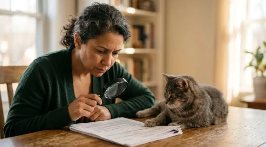 Propriétaire de chat déterminé lisant attentivement un contrat d'assurance avec une loupe pour identifier les clauses cachées